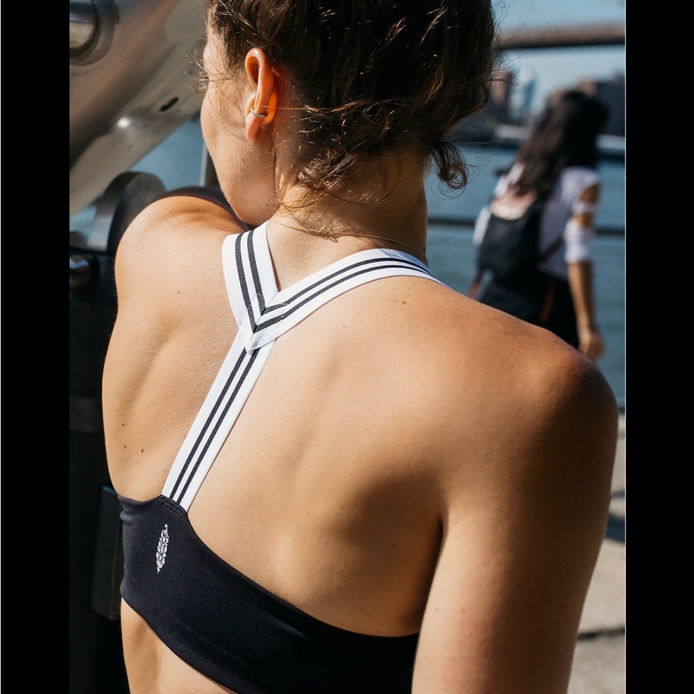 FP Movement by Free People Black Zephyr Sports Bra with White Straps. XS